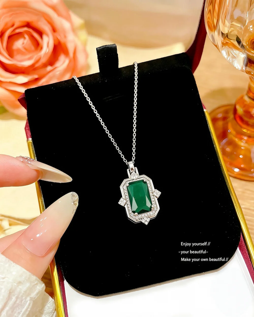 Dynasty Emerald Cut Geometric Titanium Steel And Zircon Necklace in silver